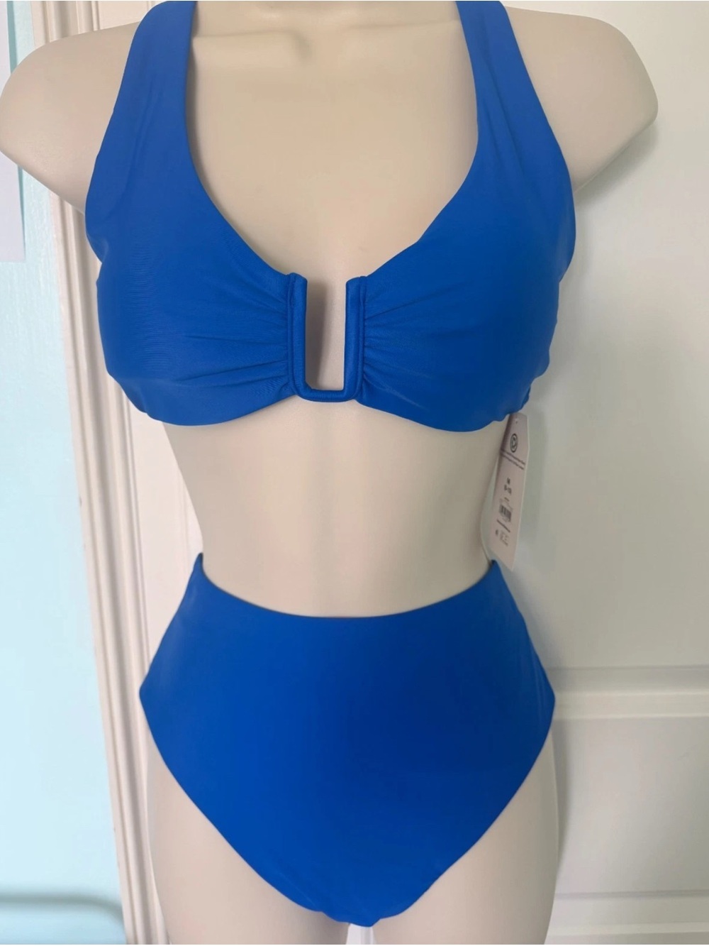 Blue High-Waist V-Neck Bikini Set Time and Tru Women Swim sz M 2 Piece NEW